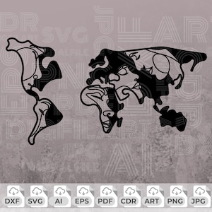Gesicht Weltkarte Dxf Datei, Line Art Karte SVG, Frau Gesicht Png, Weltkarte Wandkunst, Weltkarte Laser Cut Datei, druckbare Weltkarte, Kultur svg