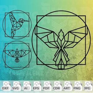 May include: A black and white geometric design of a bird with outstretched wings, surrounded by a circle and square. The design is on a blue and yellow background.