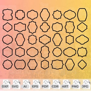 May include: A collection of black outline frames in various shapes, including hexagons, ovals, and irregular forms, arranged on a gradient background of pink and yellow. The image includes file type icons such as DXF, SVG, AI, EPS, PDF, CDR, ART, PNG, and JPG.