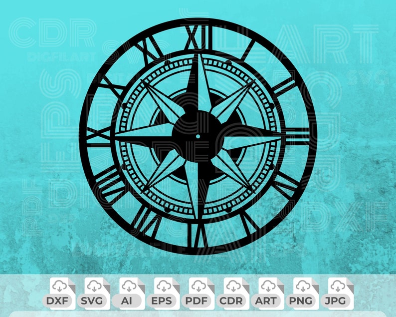 Compass Wall Clock Dxf File, Compass Svg, Compass Watch Png, Compass ...