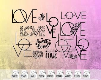 Love WordArt SVG-bundel: Valentijnsdag gesneden bestanden (digitale print)