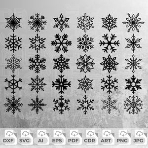 Könnte beinhalten: Ein Set mit 36 schwarzen Schneeflocken-Designs. Die Schneeflocken sind in verschiedenen Formen und Größen. Die Designs sind perfekt für Basteln, Scrapbooking und andere kreative Projekte.