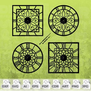 Puede incluir: Cuatro diseños de esfera de reloj negros con números romanos y patrones intrincados. Los diseños son en forma de cuadrado, círculo y dos cuadrados diferentes.