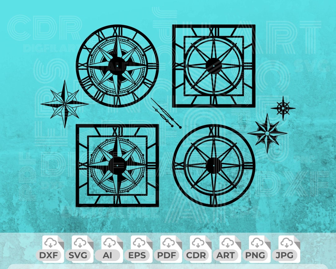 Compass Wall Clock Dxf File, Compass Svg, Compass Watch Png, Compass
