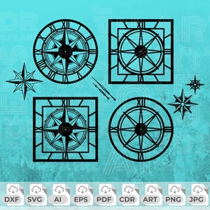 May include: A set of five black clock and compass designs. The designs are in a square and circle shape with Roman numeral markings. The designs are on a light blue background.