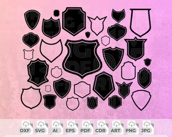 May include: A collection of 28 black shield shapes in various styles and sizes. The shields are isolated on a pink background.