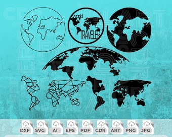 World Map Svg, Earth Png, Continents Vector, World Map Dxf File, World Traveler Svg, World Map Silhouette, World Map Clipart, World Map Art