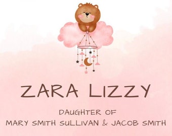 CUSTOM Birth Card | Birth Announcement | It's A Girl | Pink Clouds | Digital Template