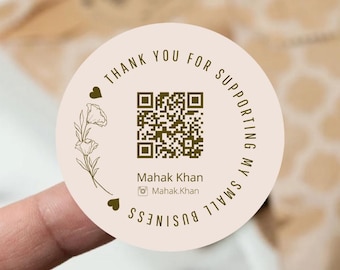 May include: Round sticker with a brown floral design, a QR code, and the text "Thank you for supporting my small business". The text "Mahak Khan" and the Instagram handle "Mahak.Khan" are also included.