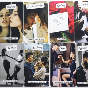 May include: A set of 10 cards with images and text related to love and relationships. The cards feature couples, individuals, and abstract imagery. The text on the cards includes phrases like "Mirroring", "Psychic Connection", "Apology", "Infidelity", "Decisions", "The Dance", "Awakening", "Muse", "Attention Elsewhere", and "Angel of Love".