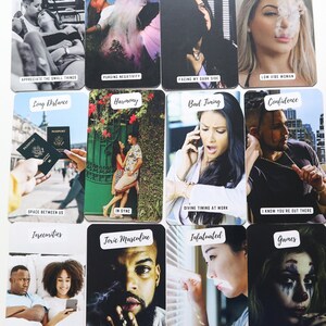 May include: A set of 12 tarot cards with black backgrounds and white text. Each card features a different image and a corresponding phrase. The cards are arranged in a grid of four rows and three columns. The phrases on the cards include "Cherish", "Clearing", "Shadow", "Toxic Feminine", "Long Distance", "Harmony", "Bad Timing", "Confidence", "Insecurities", "Toxic Masculine", "Infatuated", and "Games".
