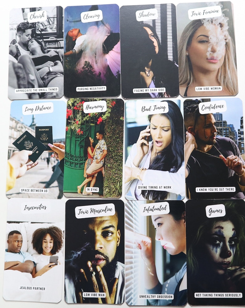 May include: A set of 12 tarot cards with black backgrounds and white text. Each card features a different image and a corresponding phrase. The cards are arranged in a grid of four rows and three columns. The phrases on the cards include "Cherish", "Clearing", "Shadow", "Toxic Feminine", "Long Distance", "Harmony", "Bad Timing", "Confidence", "Insecurities", "Toxic Masculine", "Infatuated", and "Games".