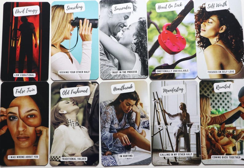 May include: A set of 10 cards with colorful images and text. Each card features a different image and text related to love, relationships, and personal growth. The cards are designed to help people understand their relationships and themselves better.