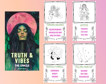 Könnte beinhalten: Ein Orakelkarten-Deck mit einem Frauenporträt und den Worten "Truth & Vibes". Das Deck enthält Karten mit Illustrationen und Sätzen wie "Finding Balance" und "Justice". Das Farbschema ist eine Mischung aus Rosa, Grün und Schwarz.