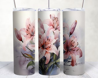 Lilies tumbler wrap instant download  Lily PNG 20 oZ skinny tumbler sublimation design  Flowers Tumbler wrap design Pink flower tumbler wrap