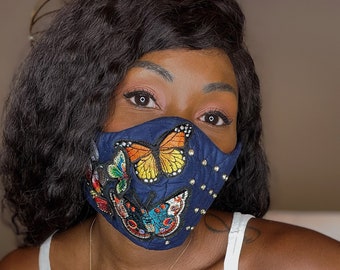 Ouchie Wear Ouchie Couture Unique 3D Butterfly Embroidery Crystal Rhinestone Embellished Fitted 3 Layer Cotton Face Mask - NAVY