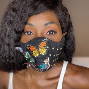 Ouchie Wear Ouchie Couture Unique 3D Butterfly Embroidery Crystal Rhinestone Embellished Fitted 3 Layer Cotton Face Mask - BLACK