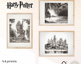 Set de arte mural de Harry Potter / Regalo de Navidad para Potterhead / Láminas de Hogwarts, Patronus y La Madriguera / Decoración mágica de mago A4