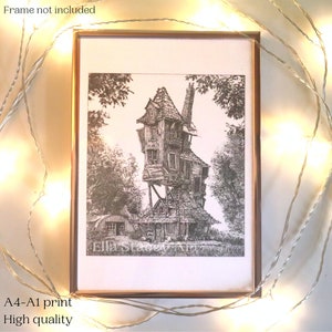 May include: A black and white drawing of a crooked house with a chimney and multiple windows. The house is surrounded by trees and is set against a white background. The drawing is signed "Ella Stacey Art".