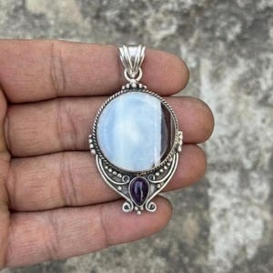 Blue Opal Pendant, Sterling Silver Shrub Opal Charm, Black White Forest Stone
