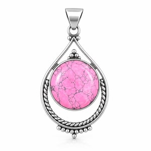 May include: A silver pendant featuring a round, bright pink stone with dark veining. The stone is set within a teardrop-shaped frame that includes a twisted rope texture along the bottom and small silver bead accents at the top and base.
