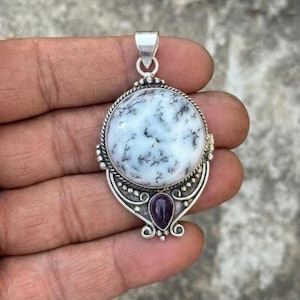 Natural Dendritic Opal Pendant, Sterling Silver Shrub Opal Charm, Black White Forest Stone