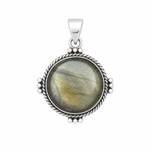 May include: A round pendant featuring a polished, iridescent grey and gold labradorite gemstone set in a silver frame. The circular setting is bordered by a twisted rope texture and accented with small silver beads at the top, bottom, and sides.