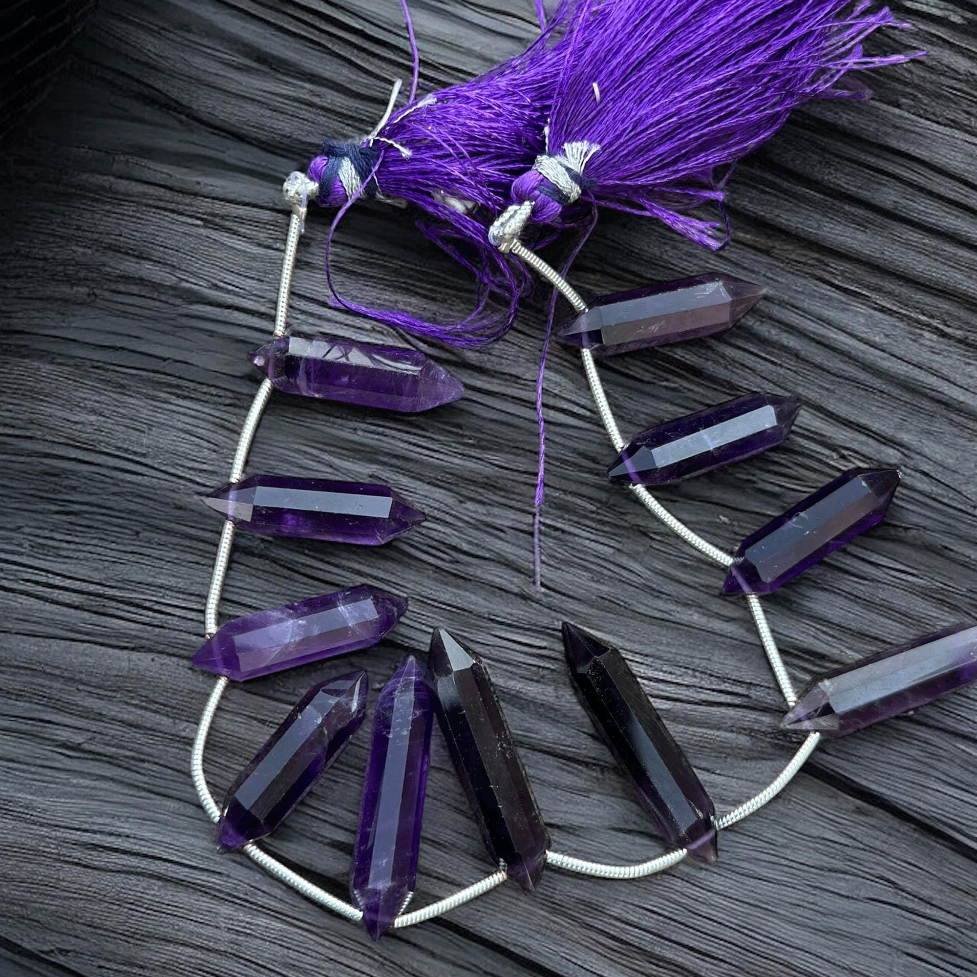 ロングファセットアメジストビーズ：天然宝石クリスタル（11個