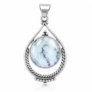 May include: A silver pendant featuring a round, white dendritic opal stone with dark, fern-like inclusions. The stone is encased in a teardrop-shaped frame with a twisted rope texture, accented by small silver beads at the top and bottom points.
