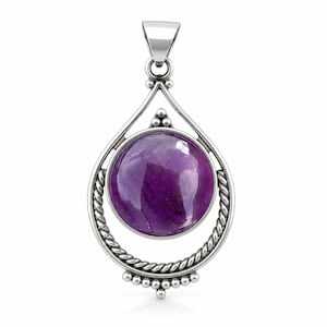 May include: A silver pendant featuring a round, polished purple gemstone set within a teardrop-shaped frame. The frame includes a twisted rope texture along the sides and small silver bead accents at the top and bottom, with a triangular bail.