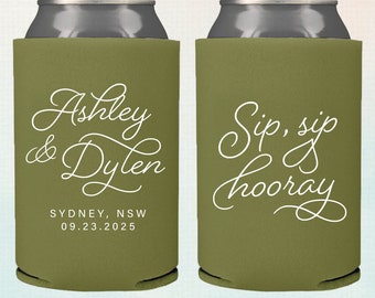 Sip sip hooray Personalized Wedding Can cooler, beer hugger, Stubby Cooler, engage party favor, promotional product, wedding favor gift