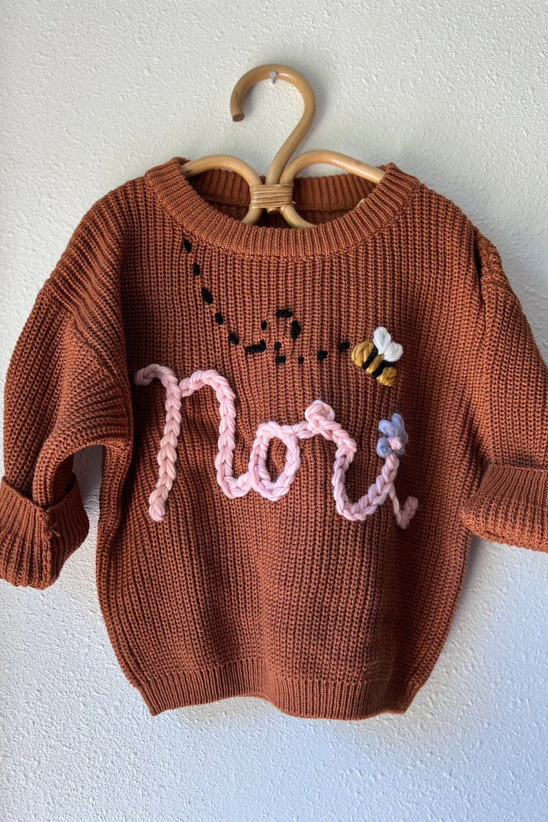 Personalized Baby Name Sweater Hand Embroidered Knit Name Sweater for Kids Custom Knit Infant Jumper Newborn Gift Mother's day gift image 9