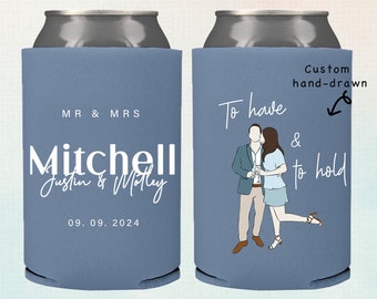 Personalized Hand drawn Wedding Can cooler, beer hugger, Stubby Cooler, engage party favor, promotional product, wedding favor gift