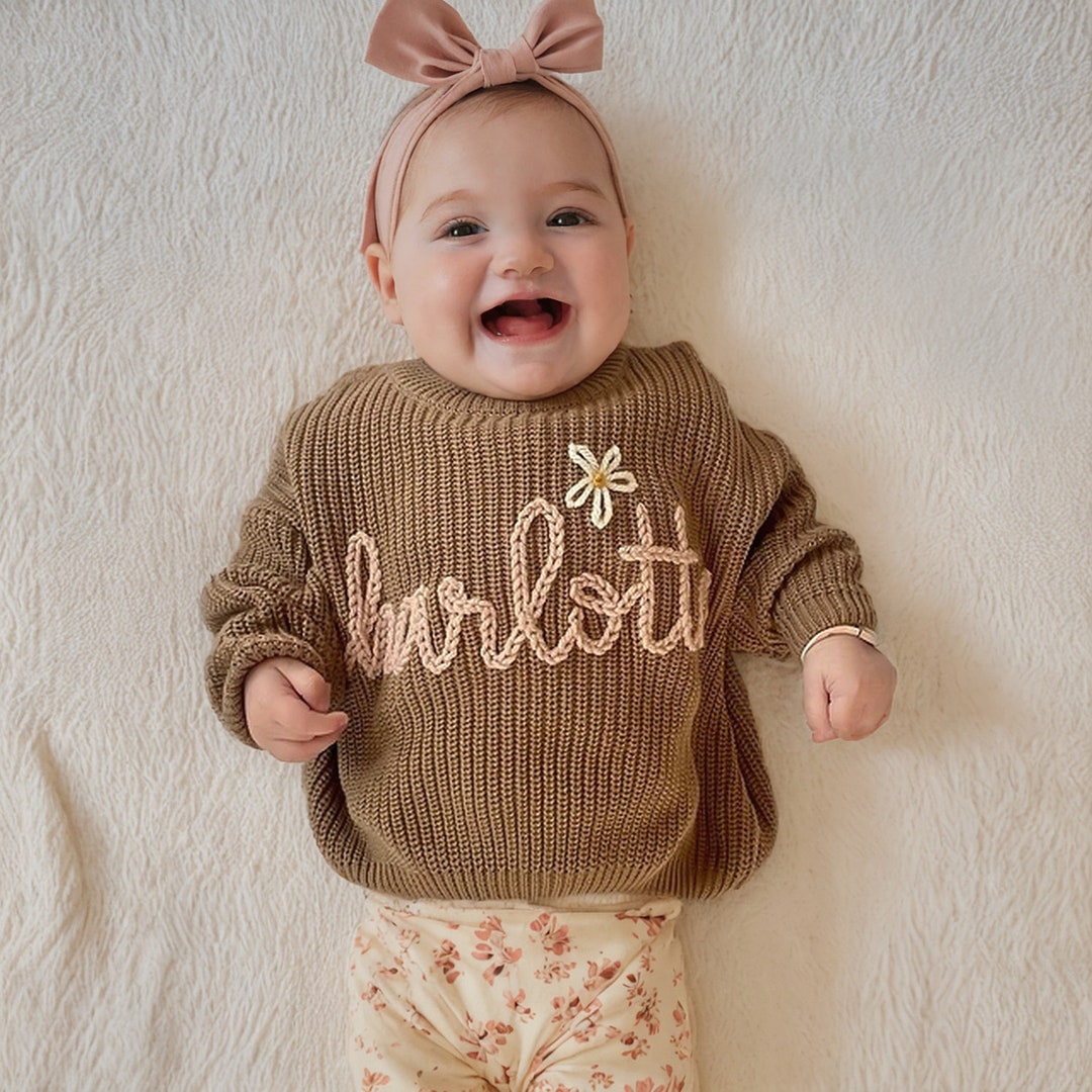 Personalized Baby Name Sweater Hand Embroidered Knit Name Sweater for