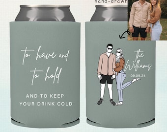 Personalized Hand drawn Wedding Can cooler, beer hugger, Stubby Cooler, engage party favor, promotional product, wedding favor gift
