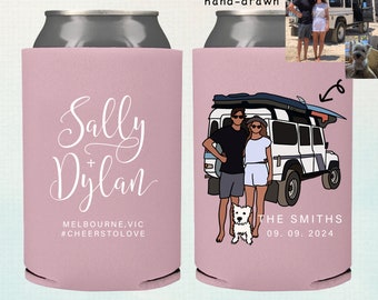 Personalized Hand drawn Wedding Can cooler, beer hugger, Stubby Cooler, engage party favor, promotional product, wedding favor gift