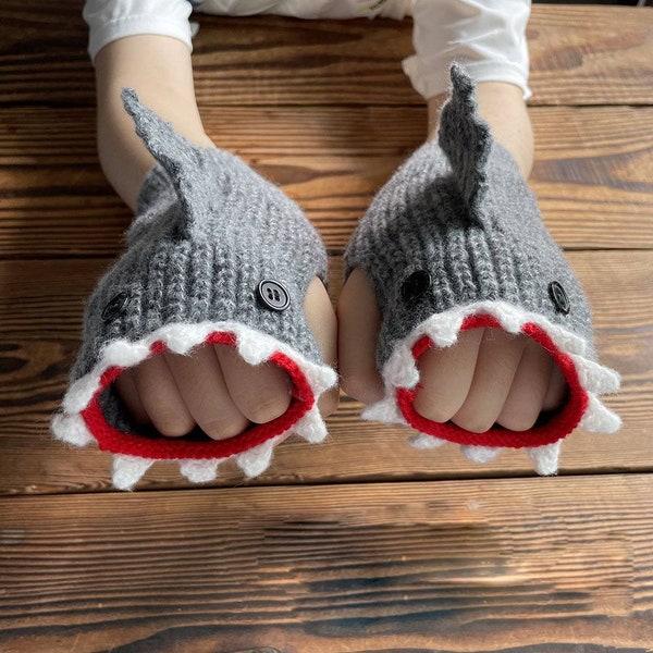 Guantes de tiburón divertidos y novedosos, guantes de punto de animales tridimensionales locos, guantes de fiesta, guantes divertidos unisex, regalo para ella él