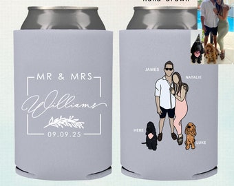 Personalized Hand drawn Wedding Can cooler, beer hugger, Stubby Cooler, engage party favor, promotional product, wedding favor gift