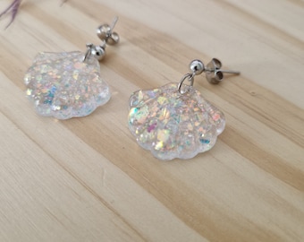 Magic opal shell earrings, scallop shell earrings, glittery earrings, original gift,