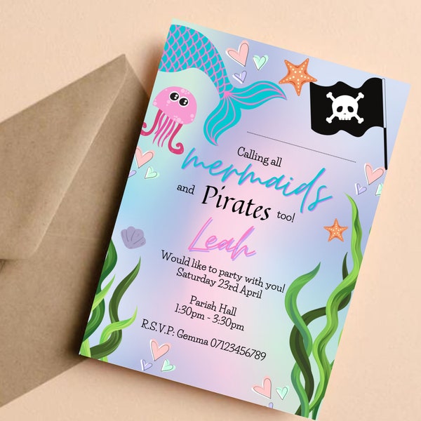 Party Invitation Mermaids and Pirates Instant download Editable