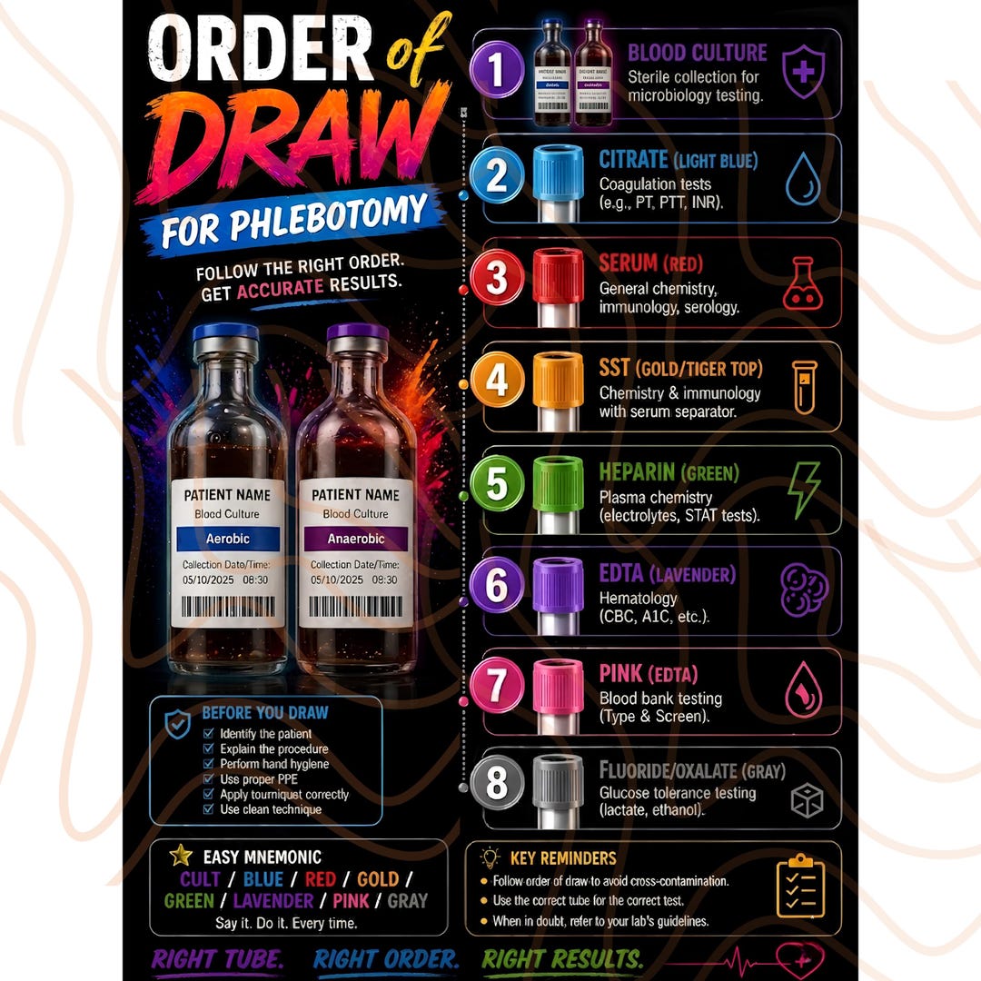 Order of Draw Phlebotomy Quick Reference Study Guide - Digital Only - Etsy