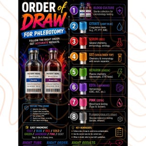 May include: A medical poster titled "Order of Draw for Phlebotomy" with a dark background. It features a detailed guide for blood collection tubes, including color-coded tops and their uses. Two blood culture bottles are shown.