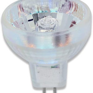 May include: A clear, iridescent halogen light bulb with a reflective interior. The bulb has a rounded bowl shape and two metal pins at the base. The light bulb is designed for use in a variety of lighting fixtures.