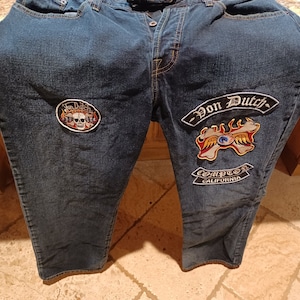 Von Dutch Universal Greaser Biker Jeans, Flying Eyeball, Compton Badge, Skull Trouser Men size W36 / 31L