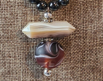 Glass Swirl and Botswana Agate Necklace/One of a Kind/Hematite Beaded Beautiful Hand Crafted/Interchangeable Beads/22 inches