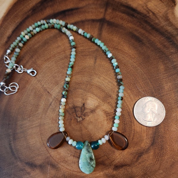 Bohemian adjustable necklace made with chrysoprase, green agate, and glass. Boho necklace with brown and green stones. One of a kind.