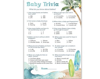 PRINTED Beach SURF Theme Baby Shower Games, Baby Trivia Game — Set of 25 — Summer Blue Ocean Surfing Baby Facts Game Gender Neutral G940-TRV
