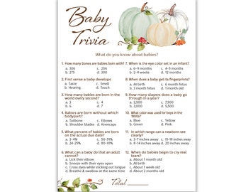 PRINTED White PUMPKINS Baby Shower Game, Baby Trivia Game — Pack of 25 — Gender Neutral Little Pumpkin Fall Baby Shower games G332-TRV