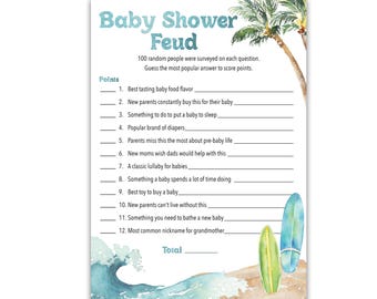 PRINTED Surf Beach Baby Shower FEUD Game - Pack of 25 - Baby on Board Theme Party Activity Ocean Gender Neutral Couples Shower Game G940-BSF