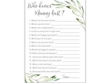 PRINTED GREENERY Baby Shower Games - Who Knows Mommy Best - Set of 25 - Minimalist Gender Neutral Guessing Game Mom to-be Activity G320-WKM